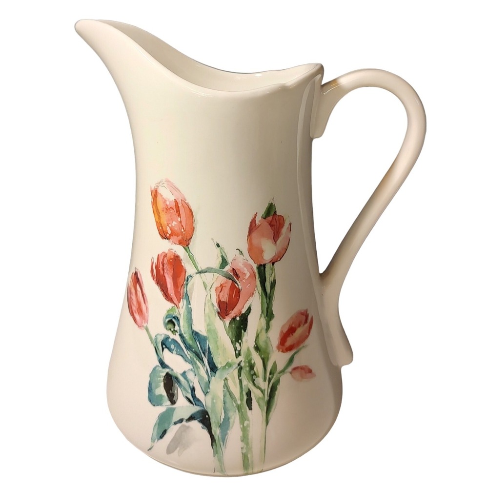 Pier 1 Imports Pitcher Retired Spring Floral Tulips Pink‎ Ironstone Water 9.5 in